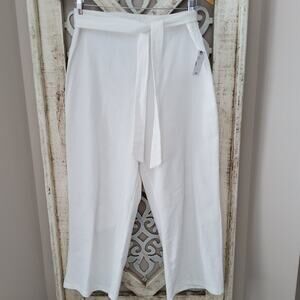 Emaline Pull on Elastic Waist Belted Cotton Linen White Cropped Flare Pants